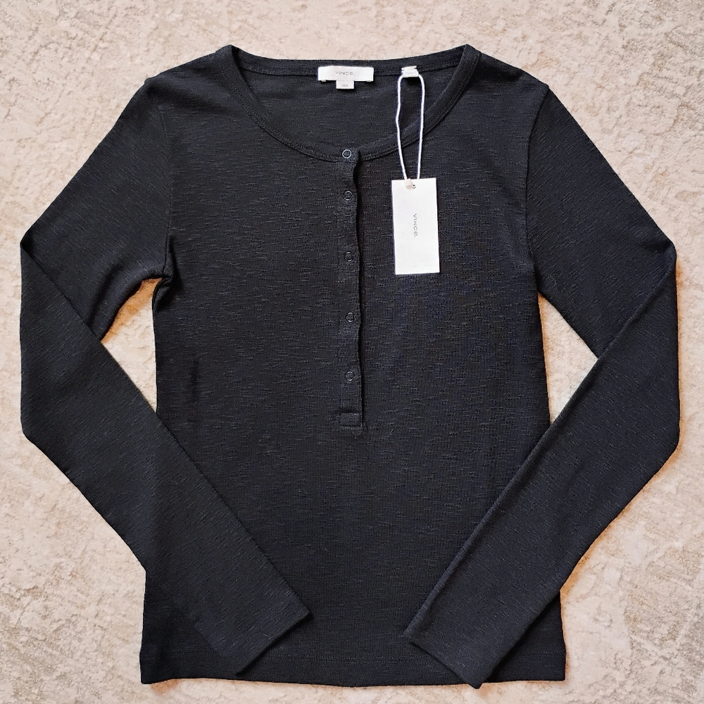 NWT M Vince Black Long Sleeve Henley Snap Placket Knit Top NEW